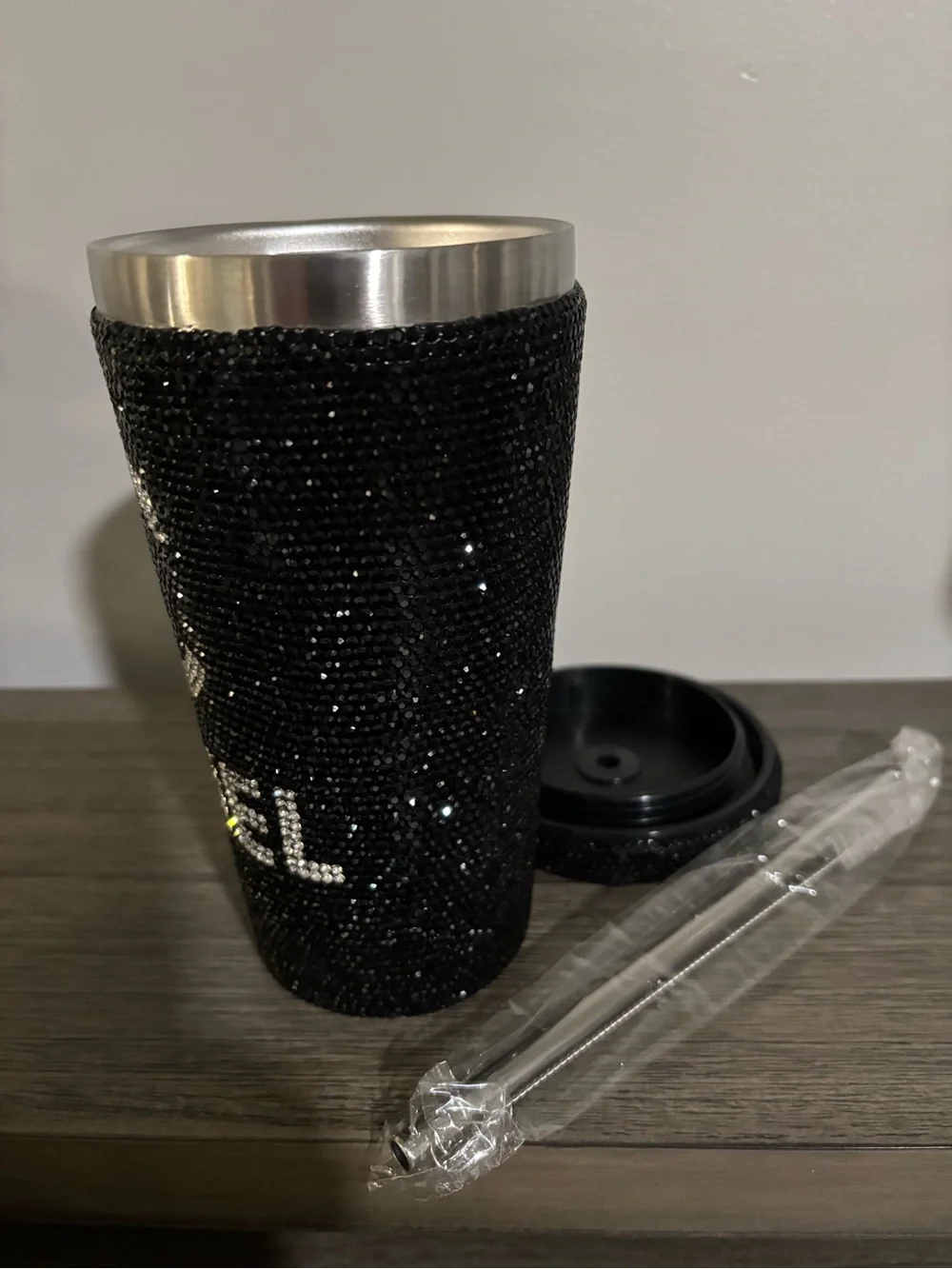 Custom Made Black Crystal Logo Tumbler with Straw